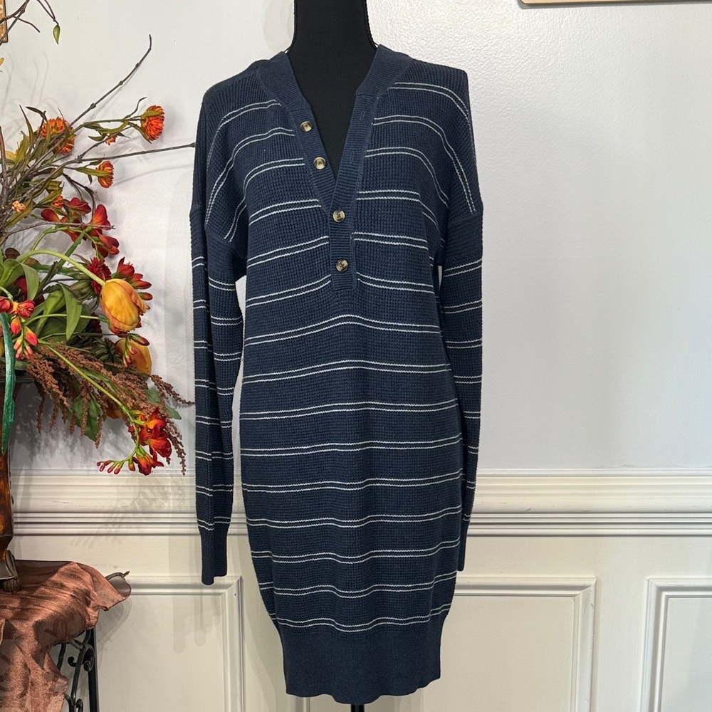 NWT Prana Milano Henley Navy & White Striped V-Neck Waffle Knit Sweater Dress S